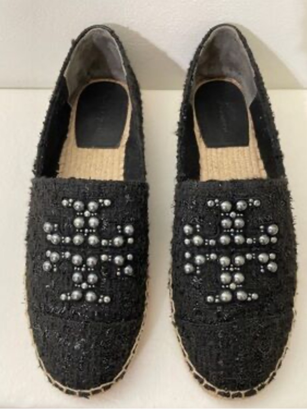 Tory Burch Black Pearl-Embellished Espadrille Flats Size 6.5